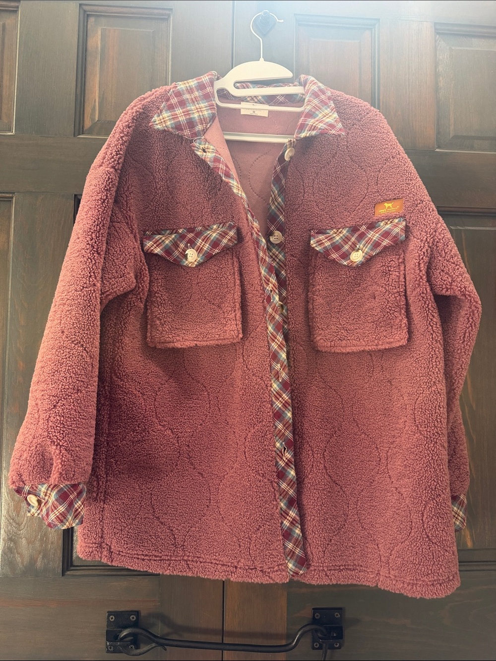 Simply Southern Dusty Rose Plaid-Trim Teddy Shacket